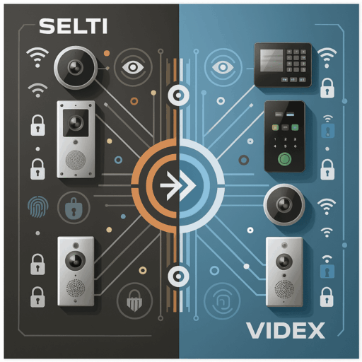 Immagine che mostra la compatibilità tra apparecchiature di sicurezza Selti e Videx, con dispositivi e icone di connettività e sicurezza disposti su due metà di colore differente.