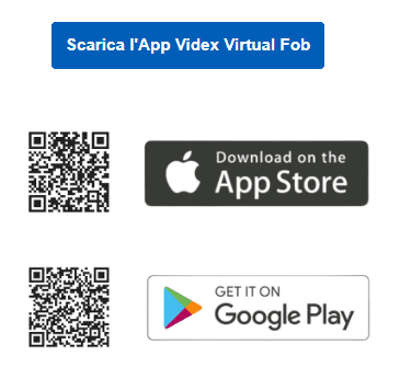 EraKit bluetooth app Schermata dello smartphone che mostra l'app Videx Virtual Fob per il controllo degli accessi, evidenziando la connessione Bluetooth con il sistema Videx EraKit.