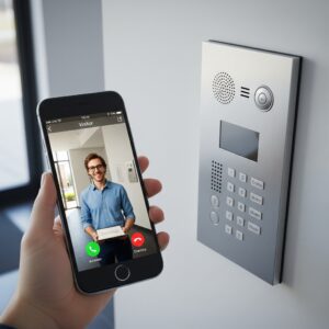 Immagine di un moderno sistema citofonico GSM VIDEX installato su una parete esterna, con uno smartphone in primo piano che mostra una videochiamata in arrivo dall'unità esterna. L'unità esterna non ha uno schermo video, ma presenta pulsanti e un altoparlante.