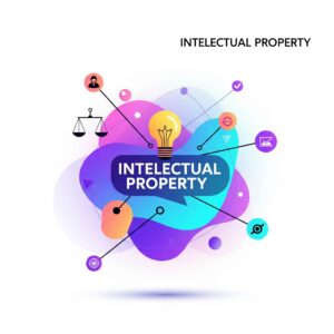 Forme astratte e linee dinamiche che rappresentano idee, innovazione, protezione legale e crescita nel contesto della proprietà intellettuale