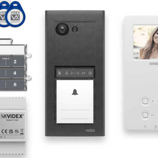 Kit Videocitofonico Digitale Videx – Sicurezza e Stile per la Tua Casa Kit videocitofonico digitale Videx in nero e bianco con monitor interno, pulsantiera esterna, unità di alimentazione, moduli tastiera e tag RFID per controllo accessi.